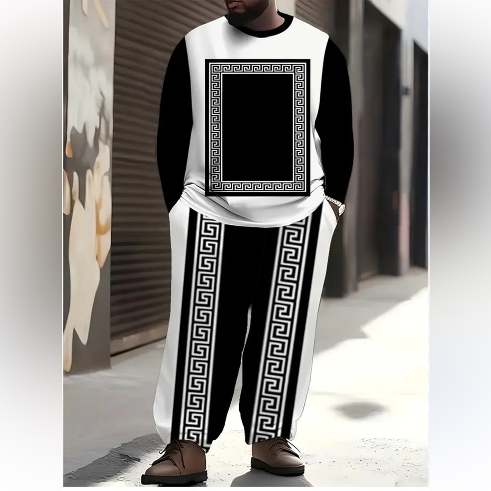 Temu Autumn Casual Simple Round Neck Long Sleeve Color Block Pattern Print